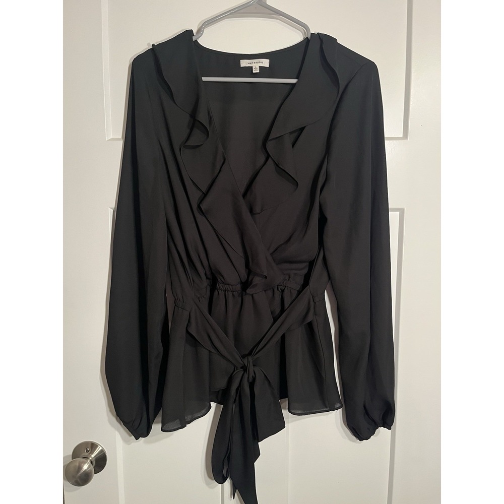 Max Studio Black Ruffle Wrap Blouse L Long Sleeve Peplum Tie Waist Top Chiffon